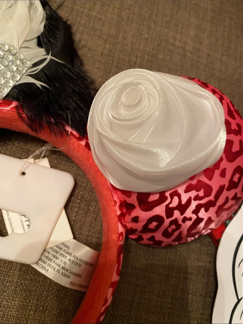 Disney Pink Leopard Print Minnie Ears Headband with White Rose & Feather